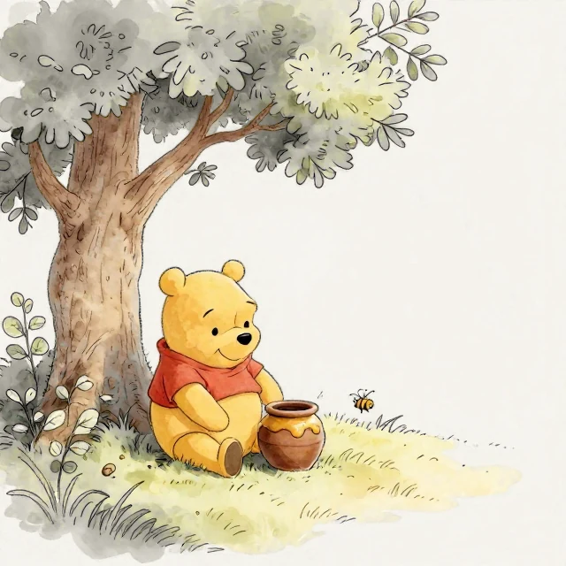Winnie the Pooh sitting beneath a leafy tree beside a honey pot, watching a bee